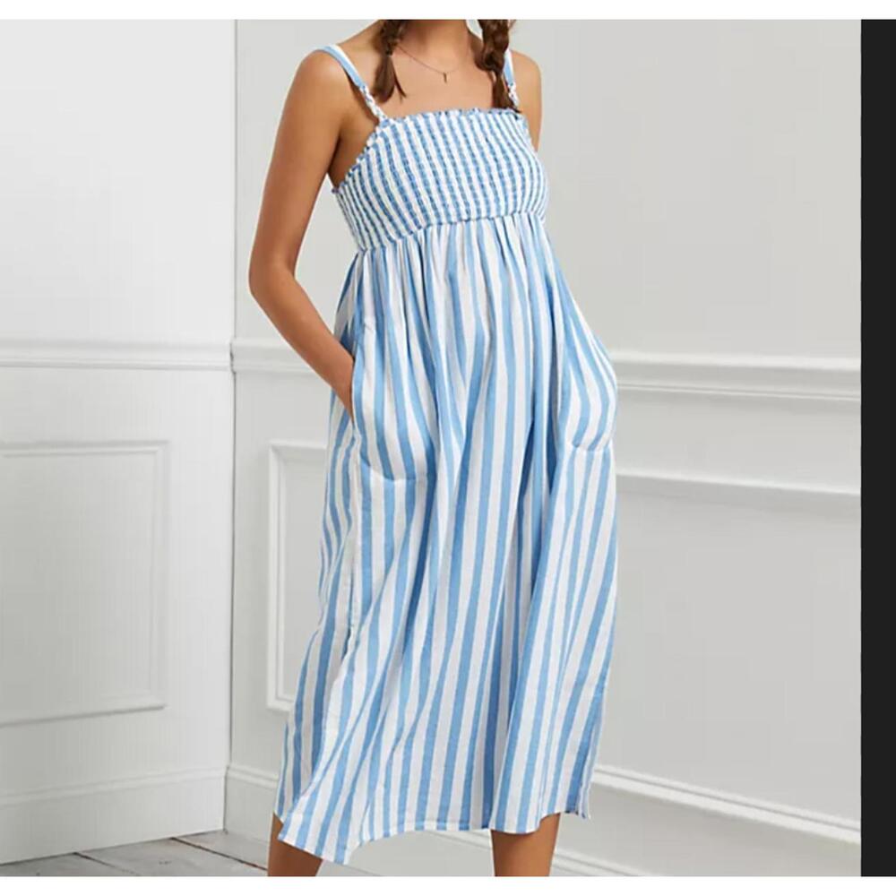 ANTHROPOLOGIE Zinnia linen blend blue white stripe midi dress sz XS